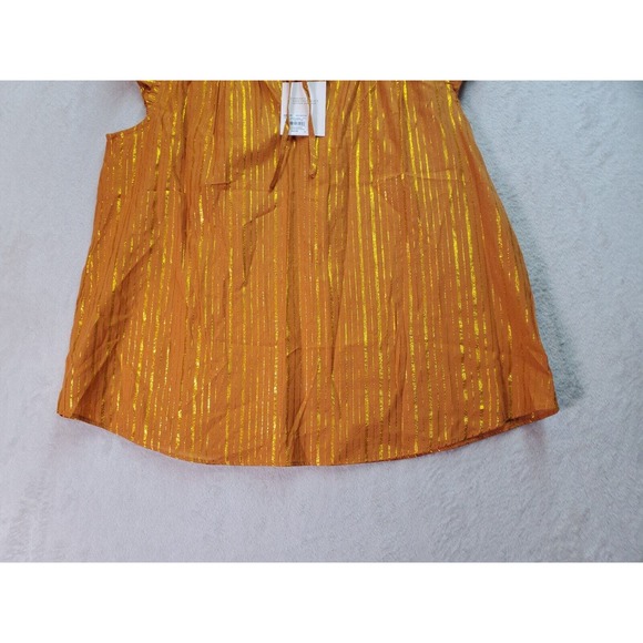 LC Lauren‎ Conrad Blouse Top Womens Medium Orange Gold Striped V Neck Drawstring - Picture 3 of 8